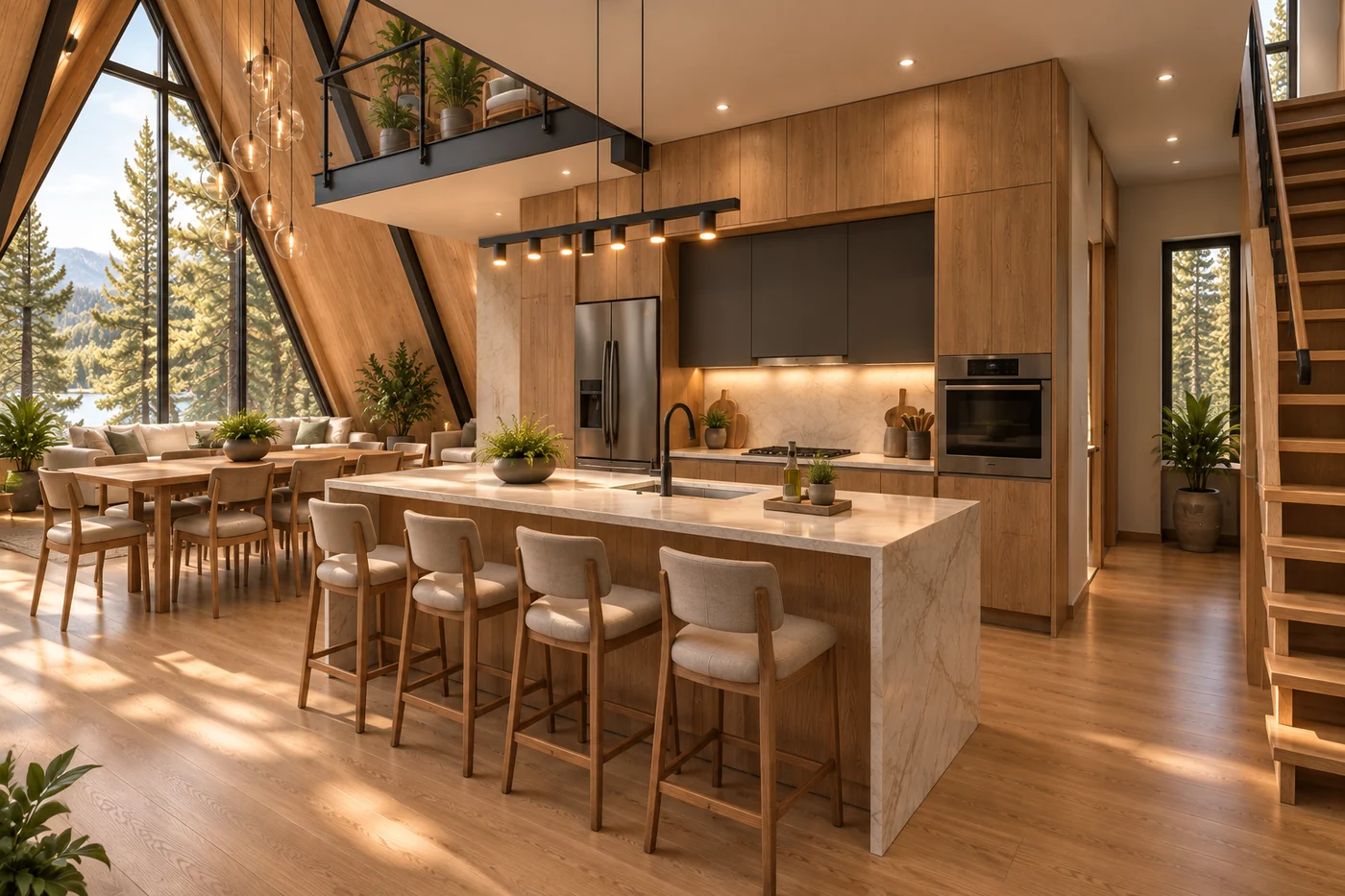 Cozinha integrada da Cabana A-frame, com ilha para quatro lugares e mesa de refeições.