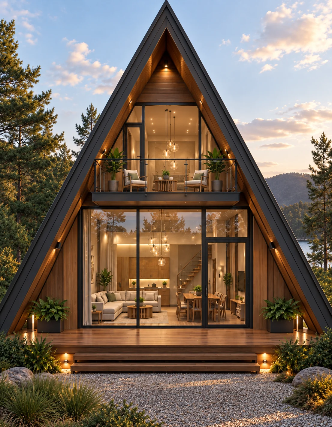 Fachada principal da Cabana A-frame, com grande plano envidraçado e vazio de pé-direito duplo.