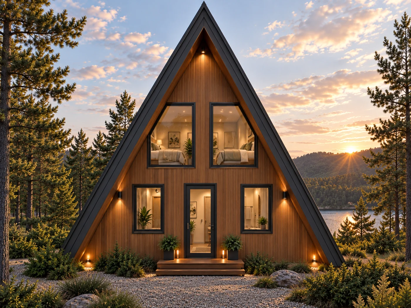 Fachada da Cabana A-frame com empena revestida em madeira e estrutura escura aparente.
