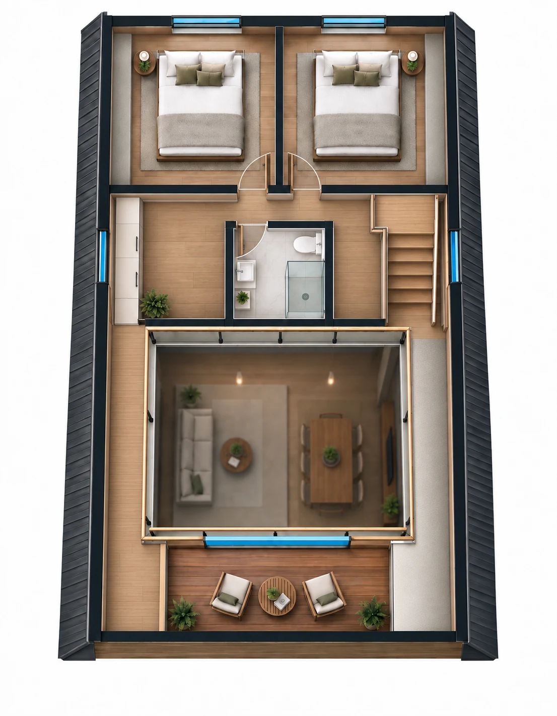 Estudo humanizado do pavimento superior da Cabana A-frame, com dormitórios, banheiro e vazio sobre a sala.