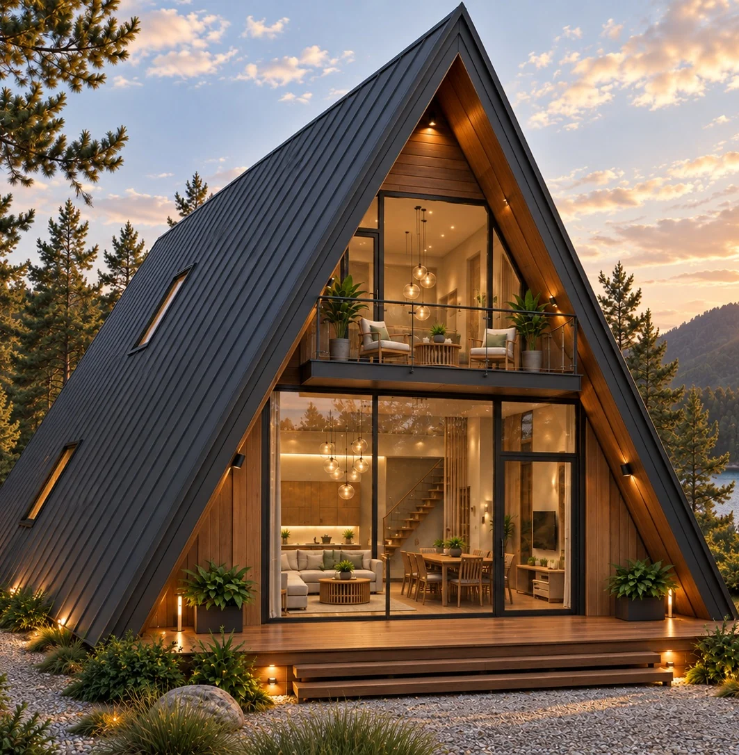 Volume A-frame da Cabana com deck frontal integrado ao terreno.