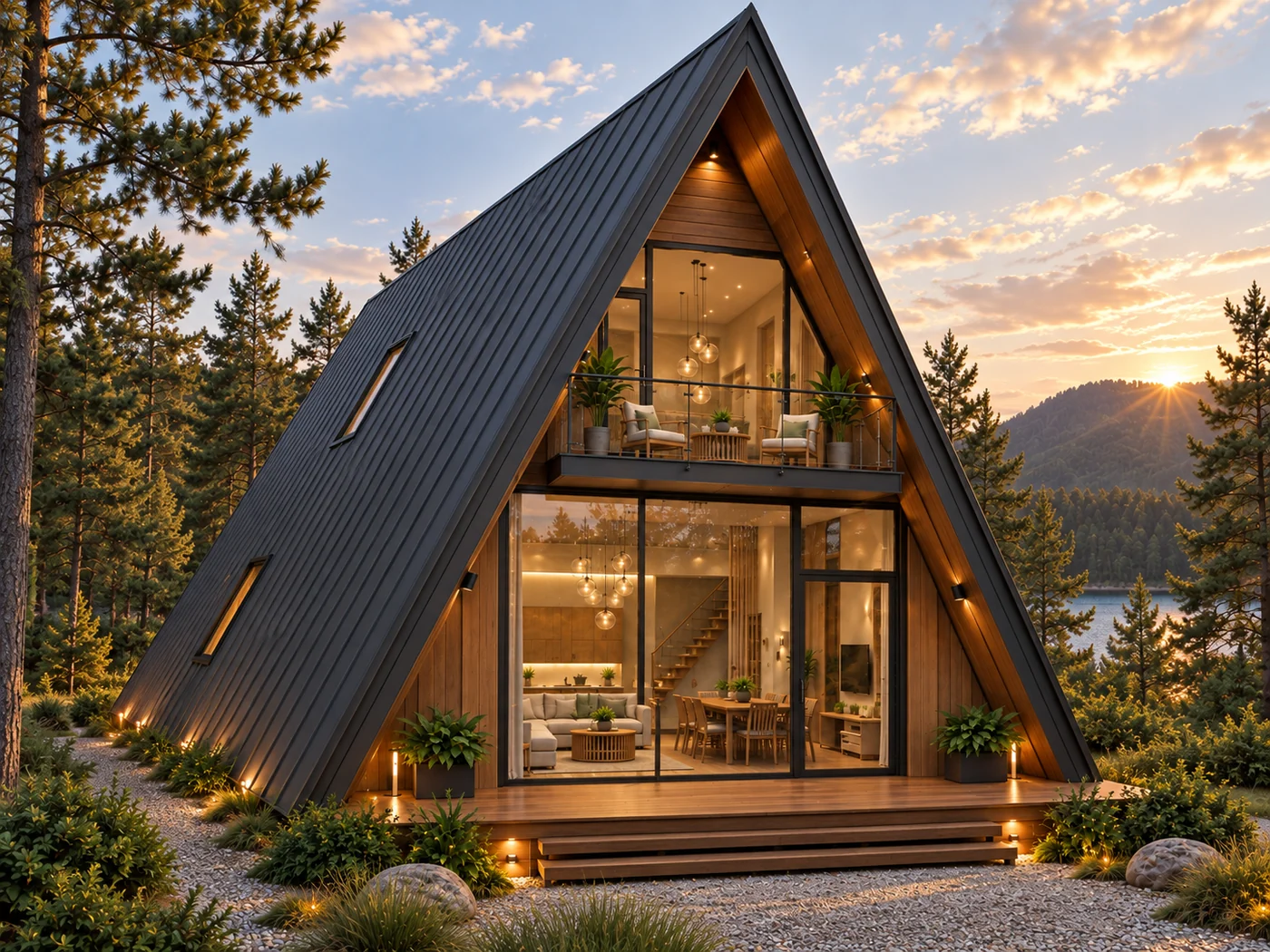 Implantação em perspectiva da Cabana A-frame a cerca de 30 graus, destacando o volume A-frame e o deck.