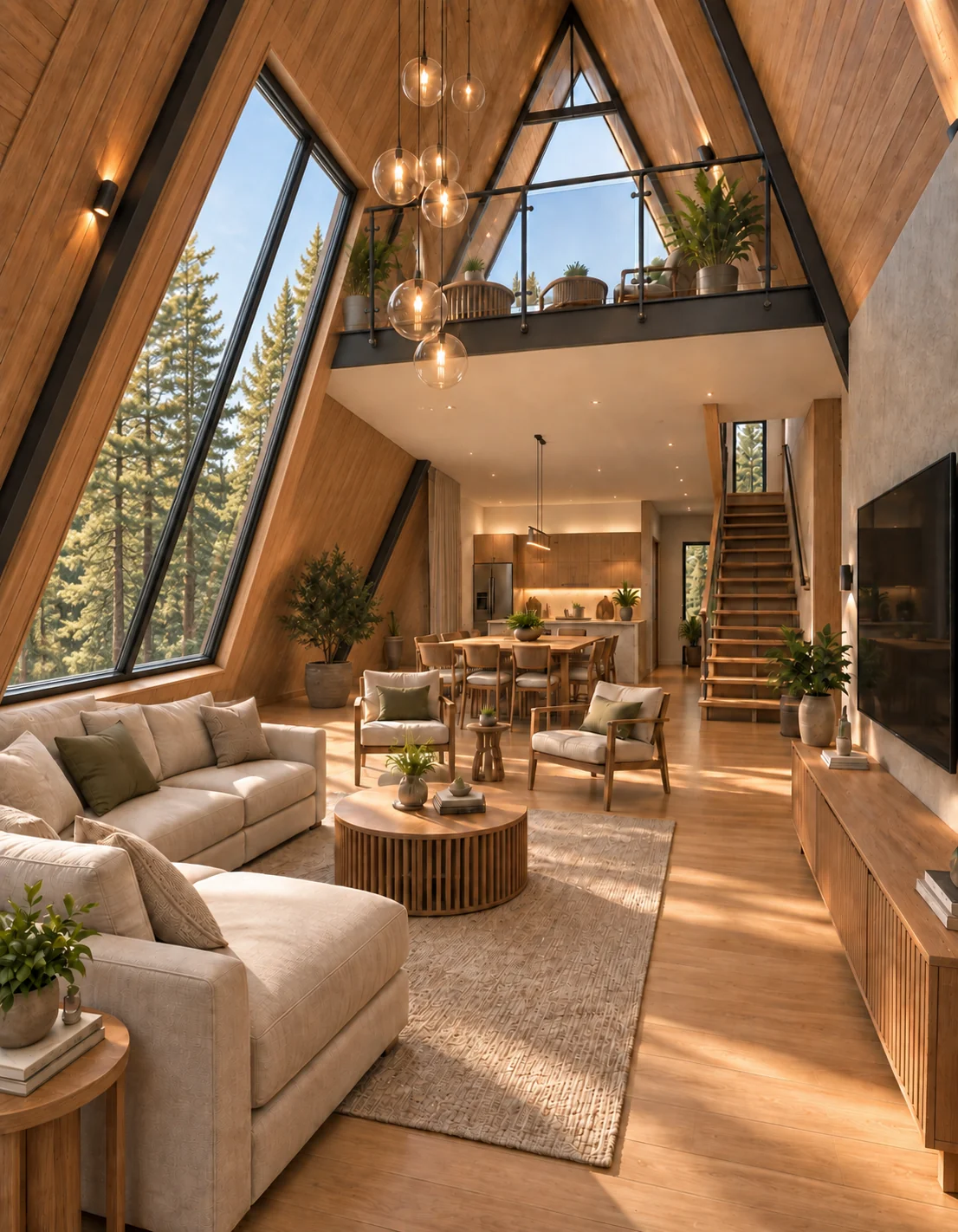 Sala de pé-direito duplo da Cabana A-frame, com estrutura metálica aparente, madeira clara e mezanino.