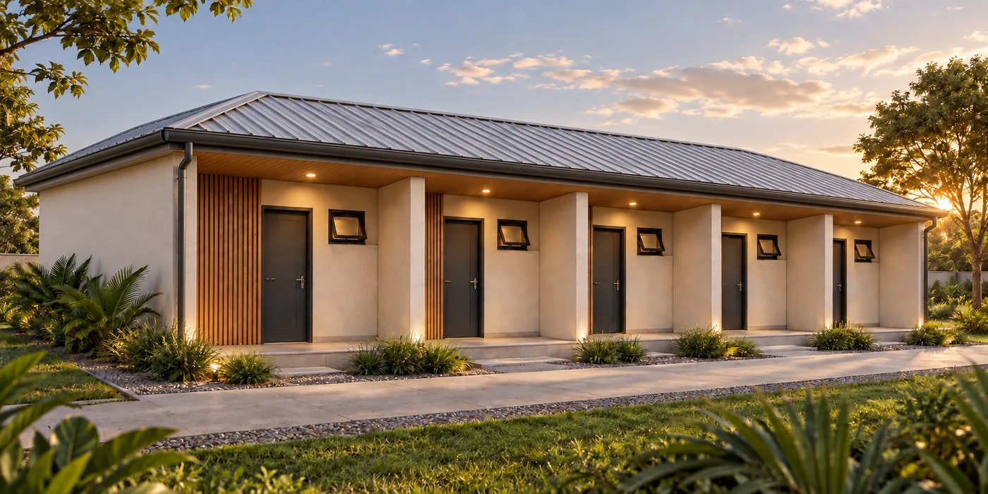Fachada do alojamento modular ALO20 com cinco quartos e cobertura metálica em quatro águas.