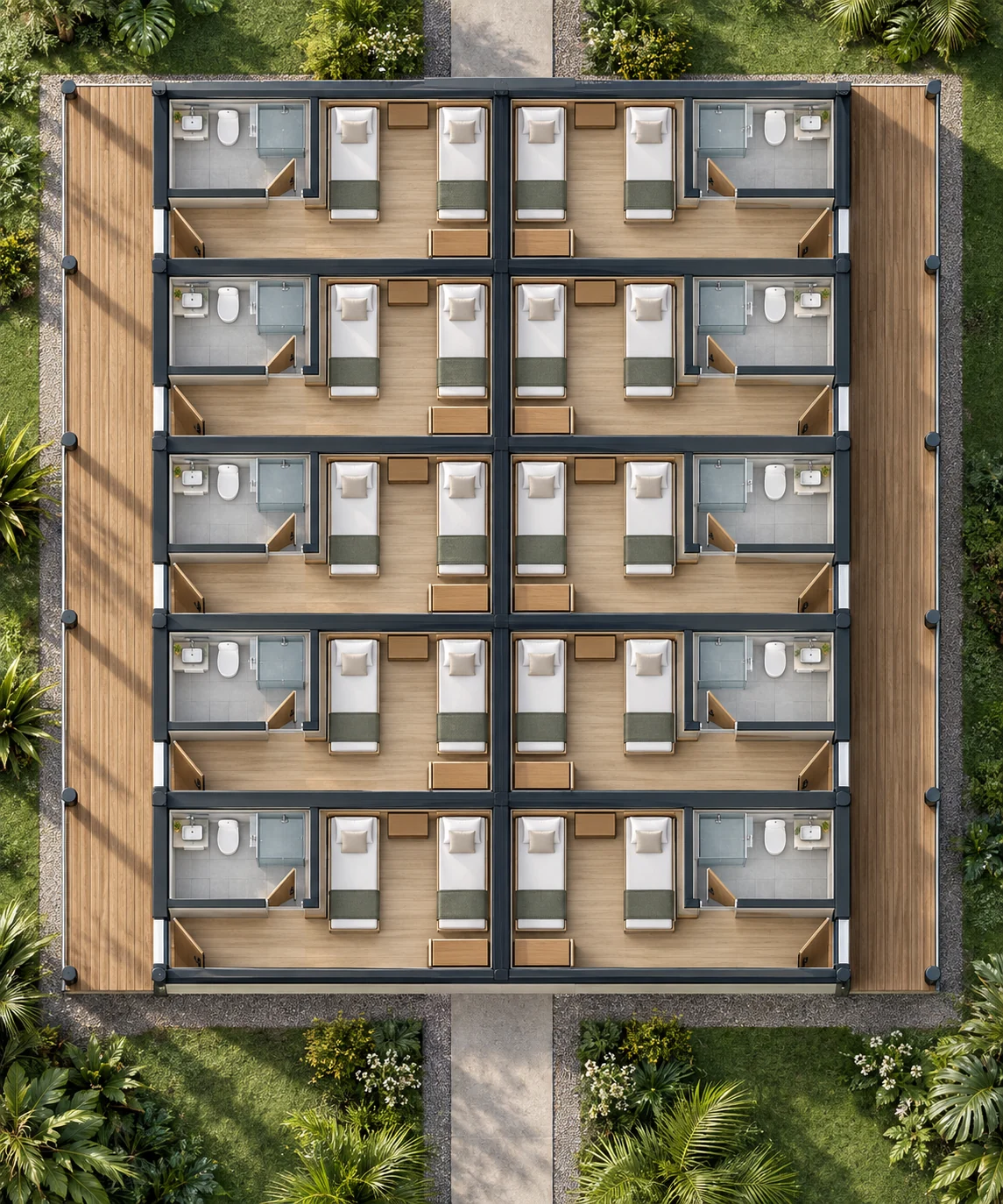 Planta humanizada do ALO20 mostrando os dez quartos duplos com banheiros privativos e as varandas laterais.