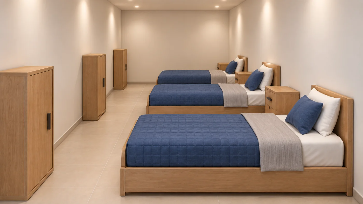 Interior do quarto triplo do ALO30 com três camas individuais, cabeceiras na mesma parede e armários individuais.