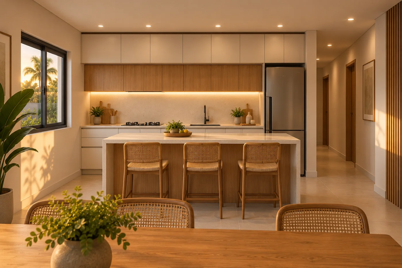 Cozinha da Casa M114 com bancada linear e ilha para três lugares.