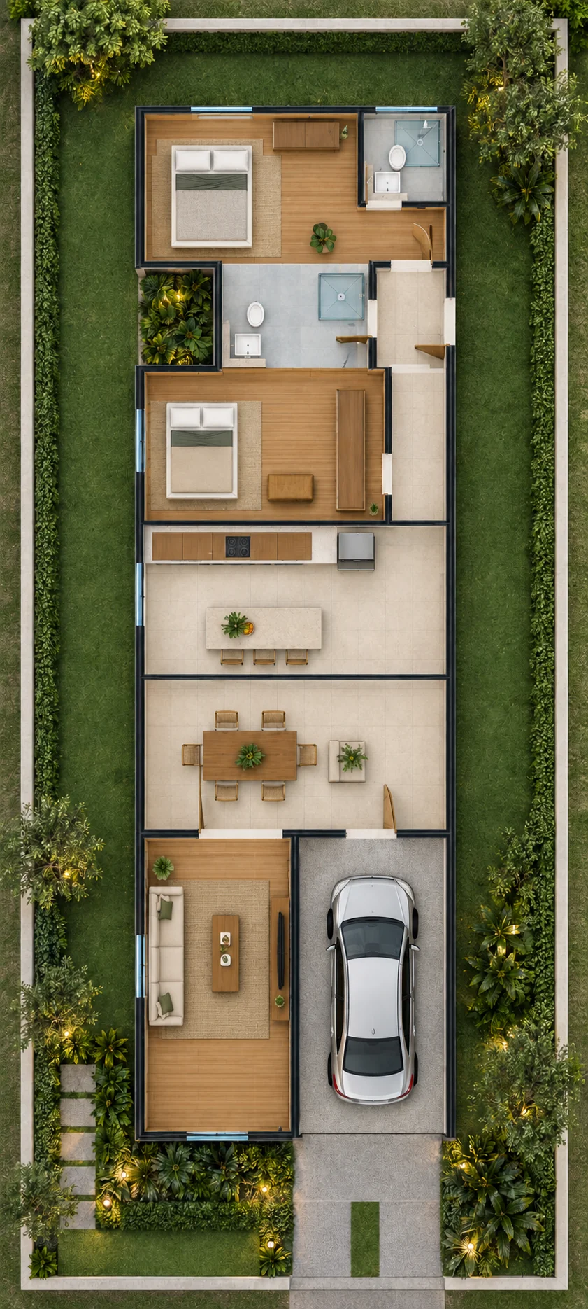 Planta humanizada da Casa M114 de 114 m² com dois dormitórios e garagem.