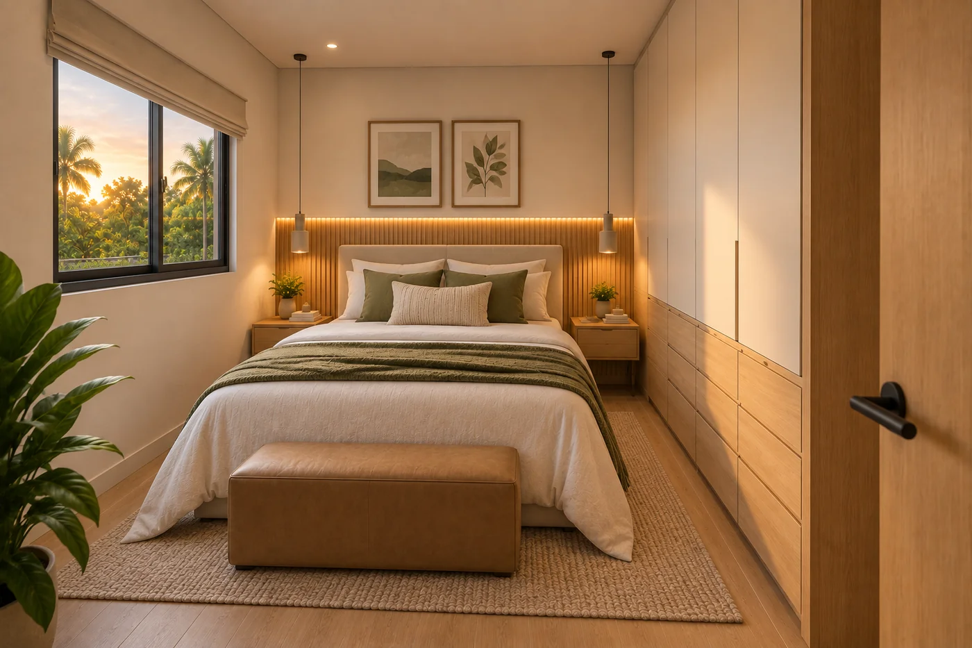 Quarto secundário da Casa M114 com armário planejado e janela lateral.