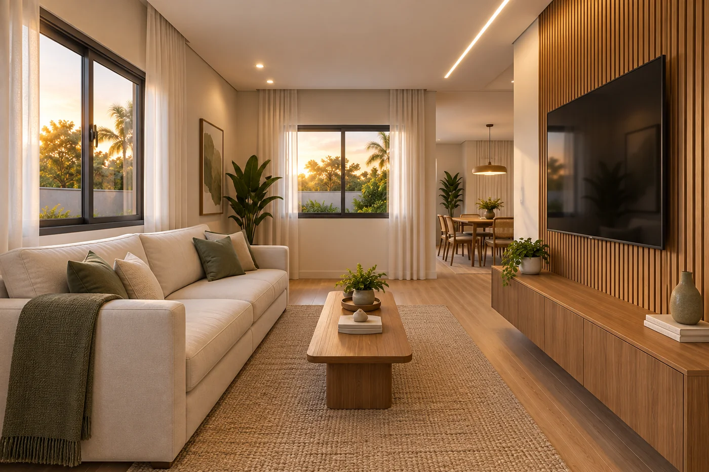 Sala de TV contemporânea da Casa M114 com mobiliário em escala real.