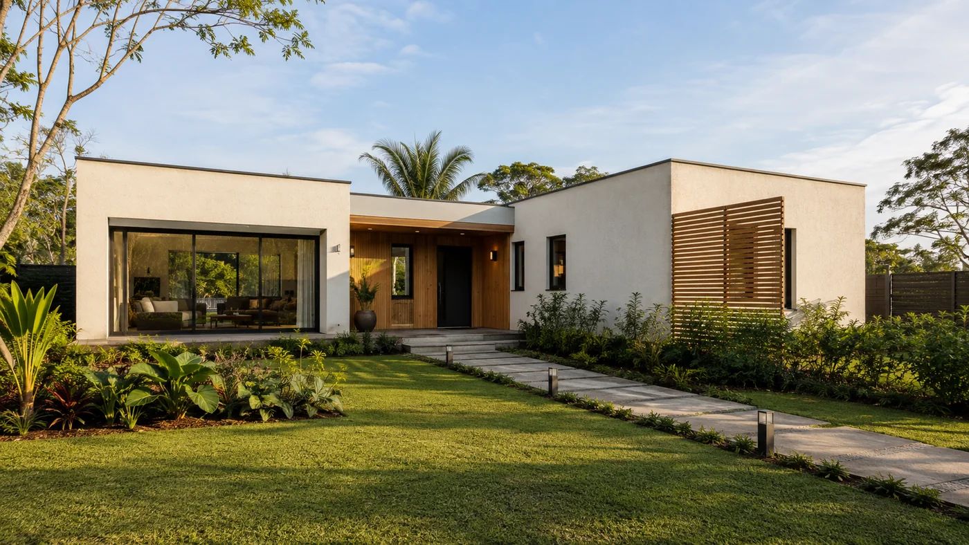 Fachada de casa modular contemporânea ao entardecer: volumes brancos de platibanda reta, painel de madeira ripada na entrada, esquadrias escuras e jardim com caminho de placas de concreto.
