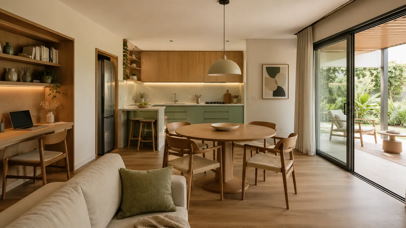 Interior integrado de casa modular: sala de estar, mesa de jantar redonda de madeira, cozinha com armários de madeira e marcenaria verde, e um escritório embutido junto à parede.