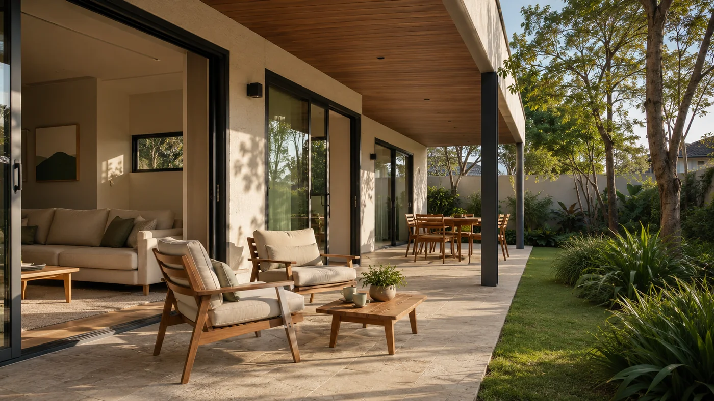 Varanda coberta de casa modular com forro de madeira, poltronas de madeira clara, mesa de refeições ao fundo e jardim lateral iluminado pelo sol da tarde.