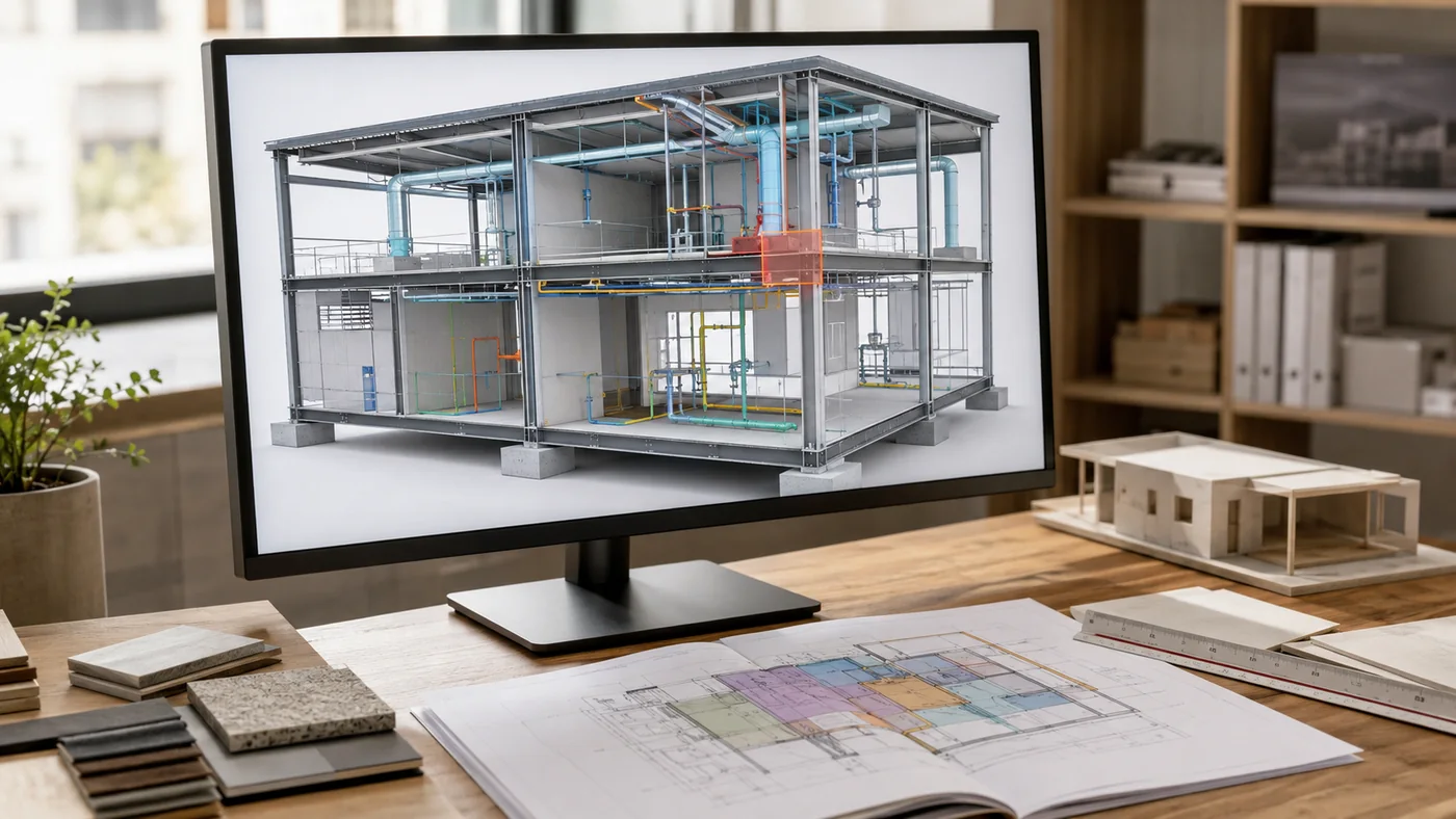 Monitor exibindo modelo tridimensional de uma edificação com estrutura e instalações sobrepostas em cores distintas, ao lado de plantas impressas, amostras de acabamento e maquete.