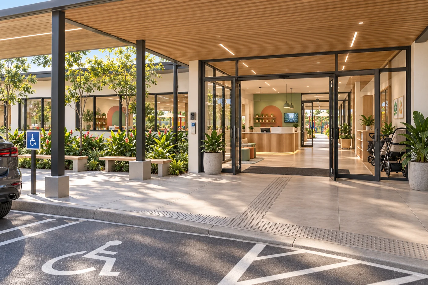 Entrada e recepção da creche, com embarque coberto, controle de acesso, balcão de atendimento e nicho para carrinhos.