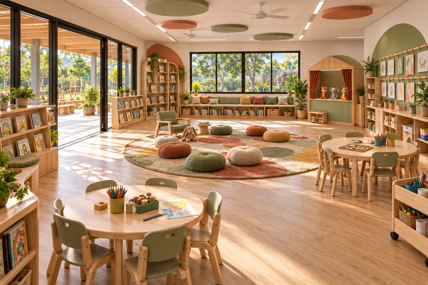 Sala de leitura e atividades da creche, com estantes baixas, tapete central, teatro de fantoches e mesas de oficina.