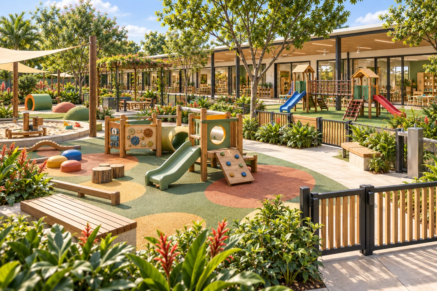 Parque infantil da creche com equipamentos proporcionais à faixa etária, piso emborrachado e vegetação.
