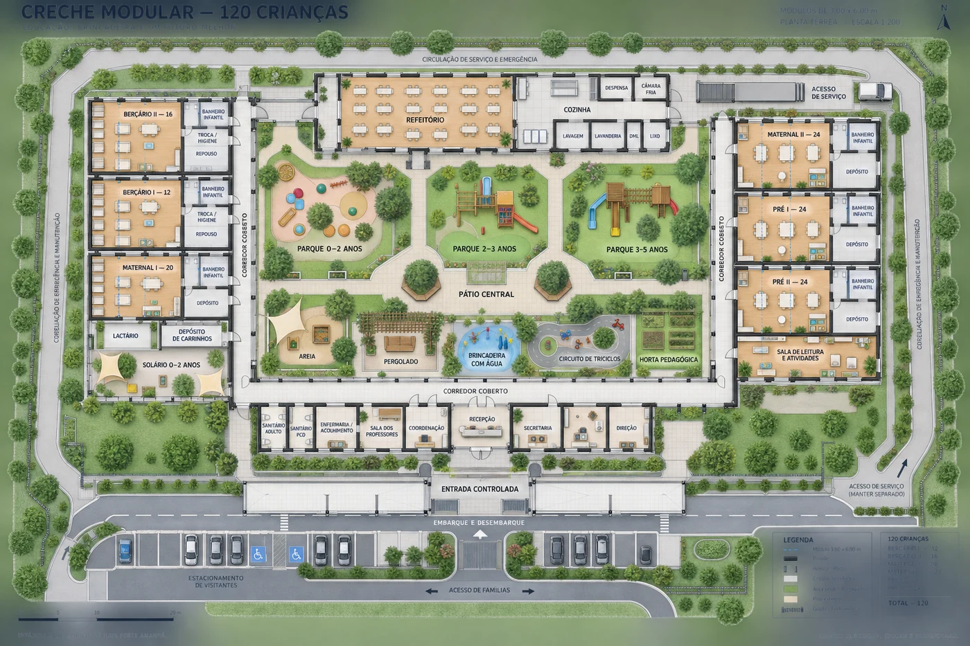 Planta humanizada da creche modular em U, com berçários e maternal à esquerda, pré-escola à direita, refeitório e cozinha ao fundo e administração na frente.
