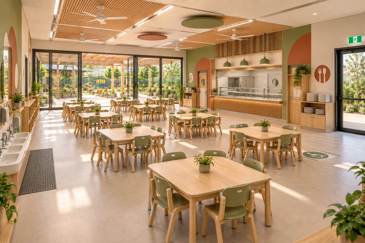 Refeitório da creche com mesas infantis, lavatórios próximos à entrada e abertura ampla para o pátio.