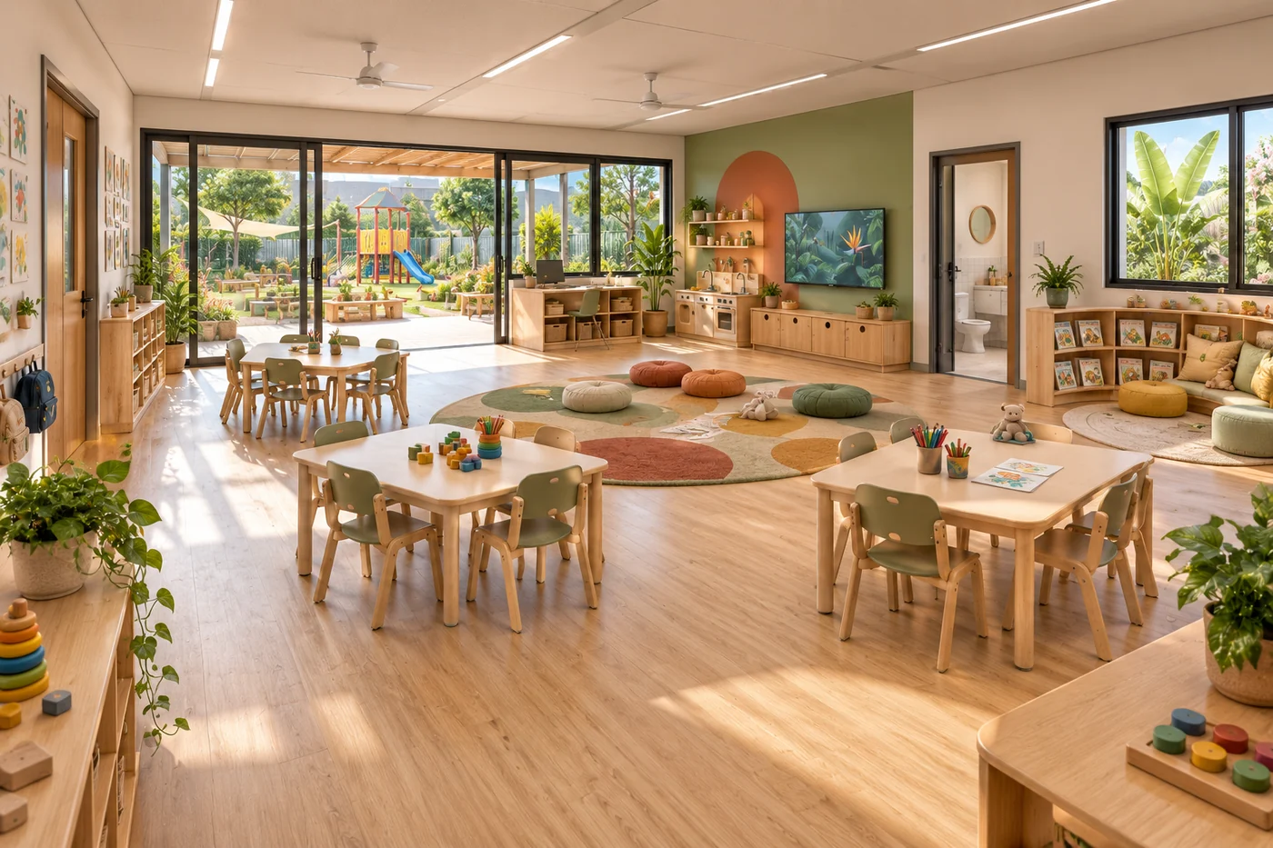 Perspectiva interna da sala do maternal ou pré-escola da creche, com integração direta ao parquinho.