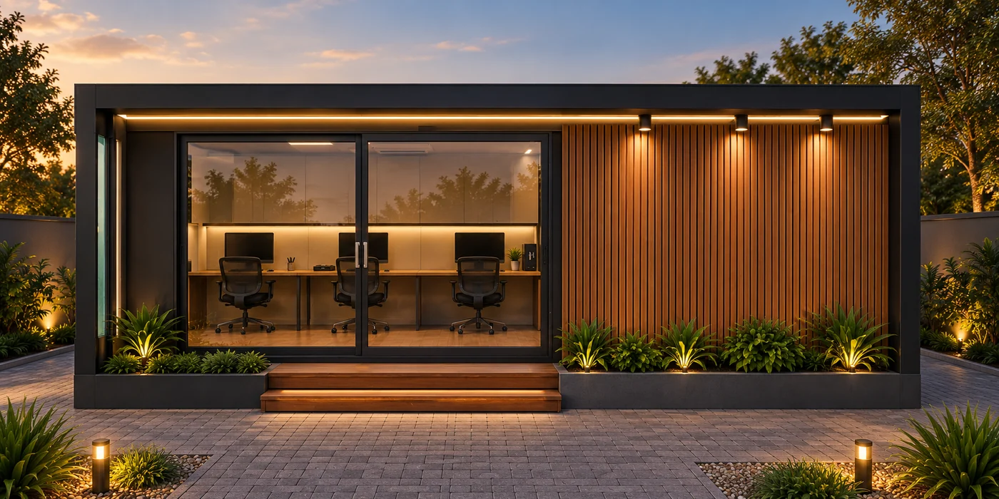 Fachada principal do Escritório Modular M63 ao entardecer, com porta de correr envidraçada e painel ripado.