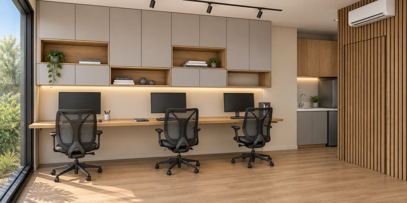 Bancada contínua dos três postos de trabalho do Escritório Modular M63, com marcenaria e núcleo de apoio.