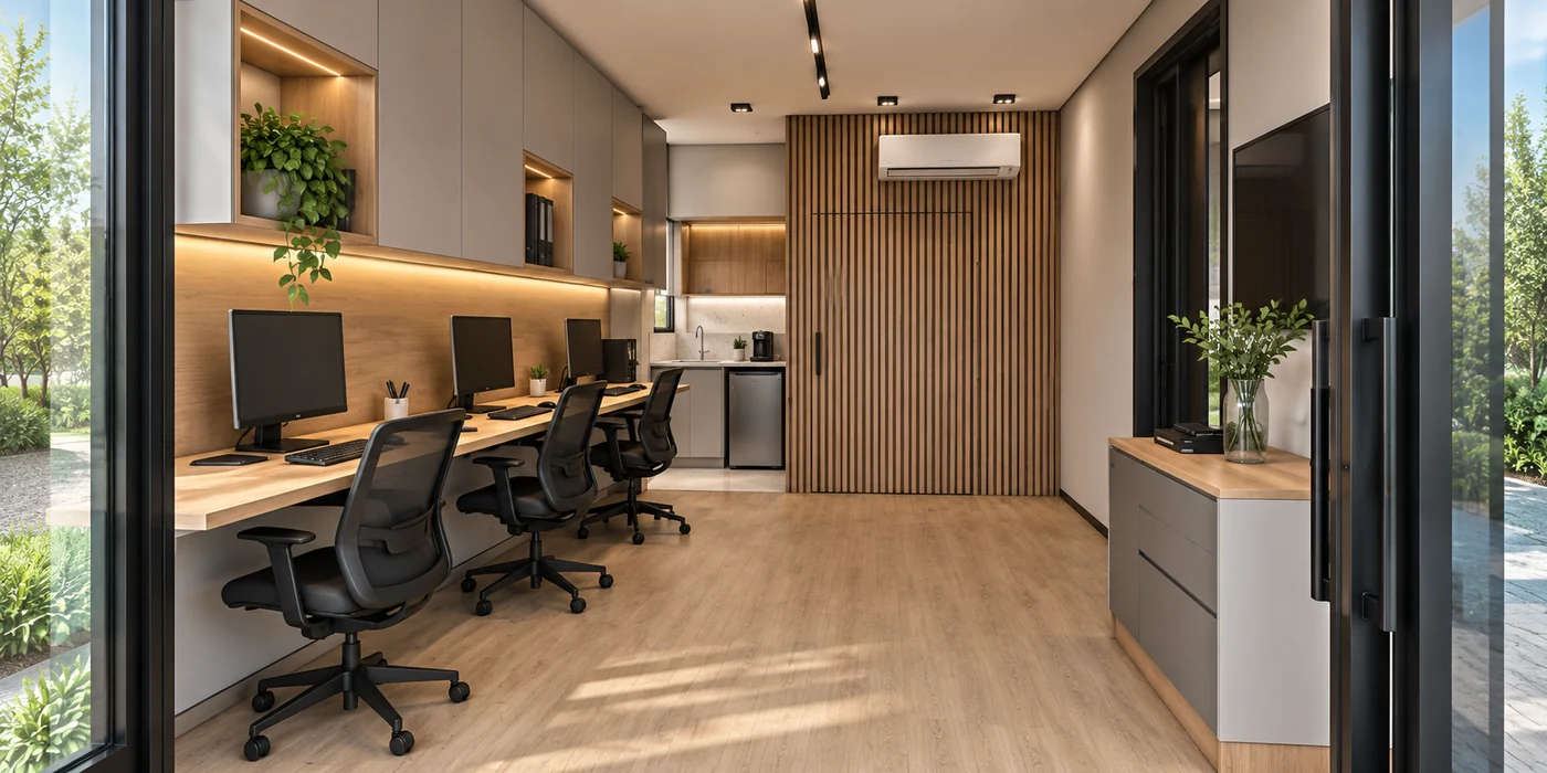 Interior do Escritório Modular M63 a partir da entrada, com bancada de trabalho à esquerda e copa ao fundo.