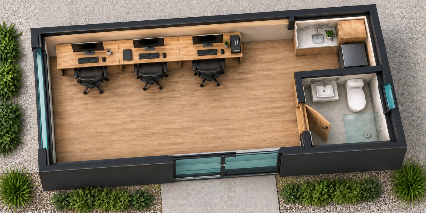 Planta humanizada do Escritório Modular M63 vista de cima, com três postos, copa no canto direito e BWC.