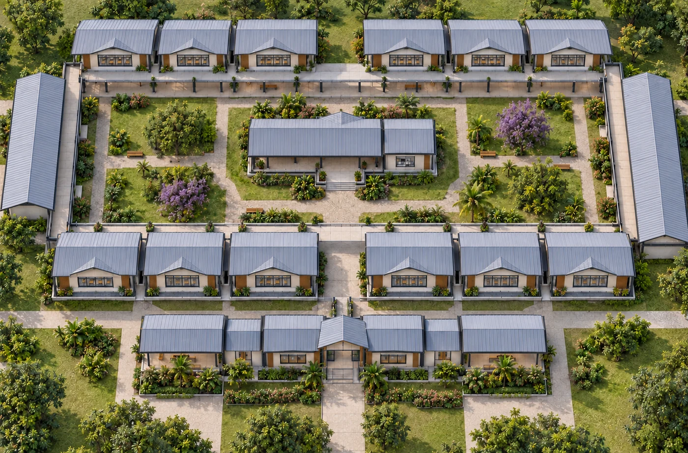 Vista aérea superior da Escola Modular, com blocos ao redor do pátio central arborizado.