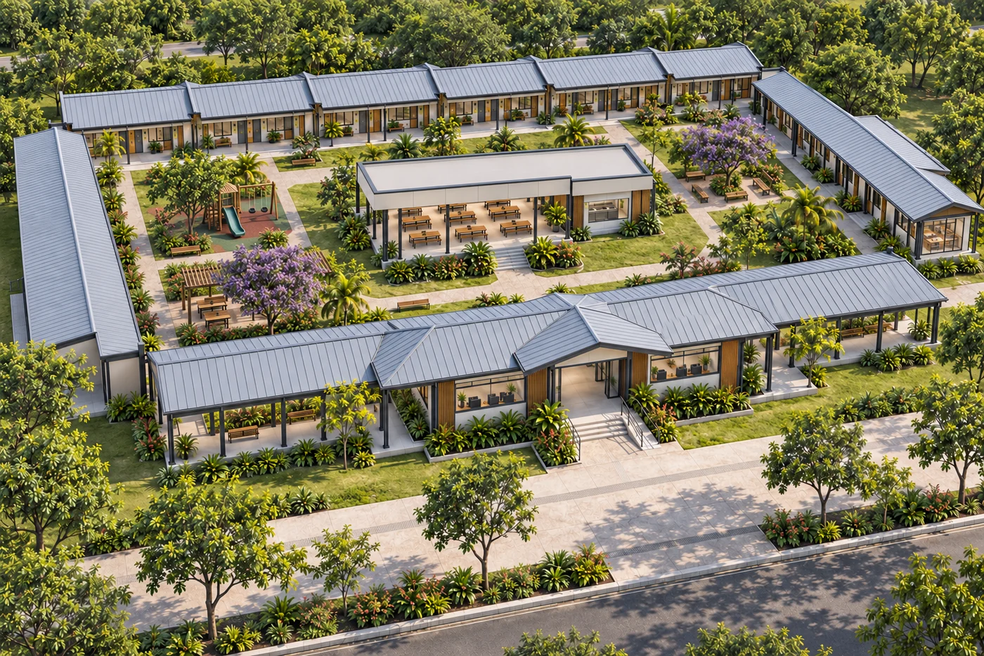 Vista aérea da Escola Modular com coberturas completas e pátio central descoberto.
