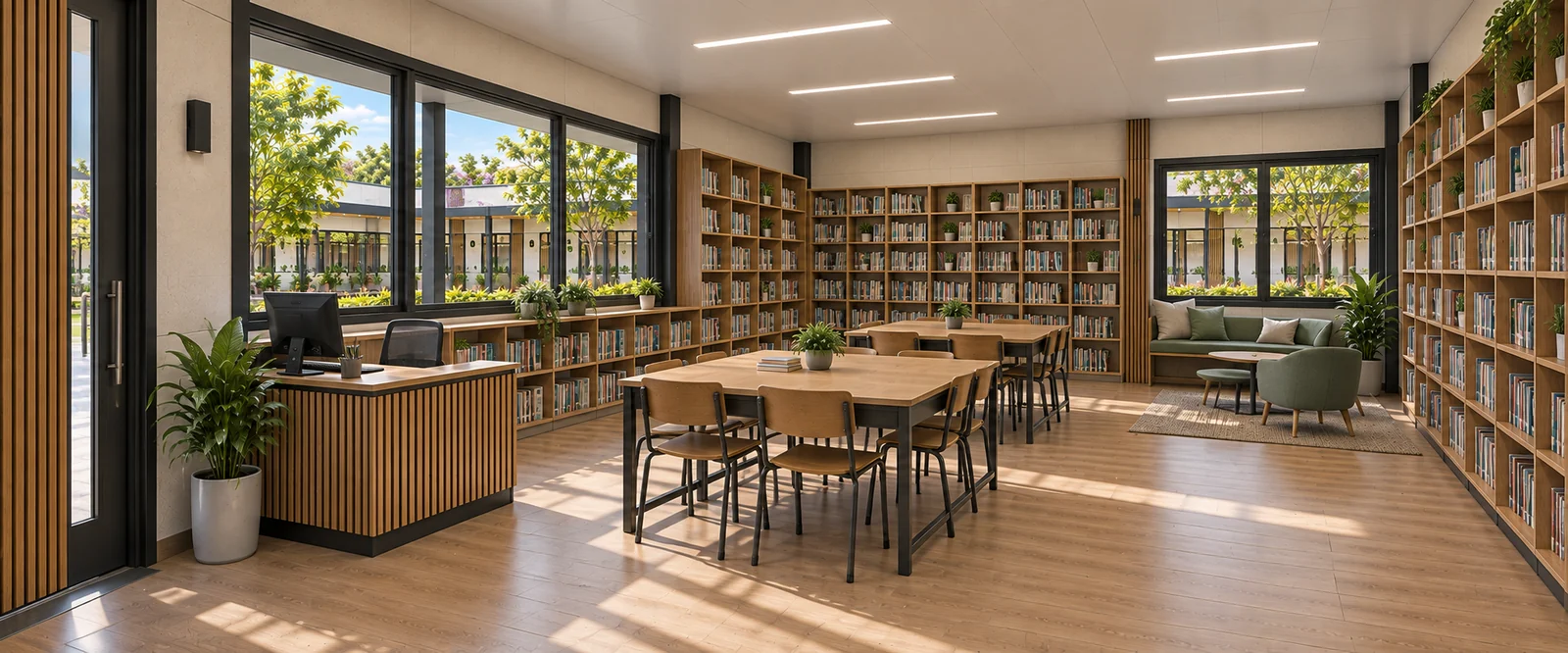 Biblioteca da Escola Modular com acervo perimetral, mesas de estudo e área de leitura.