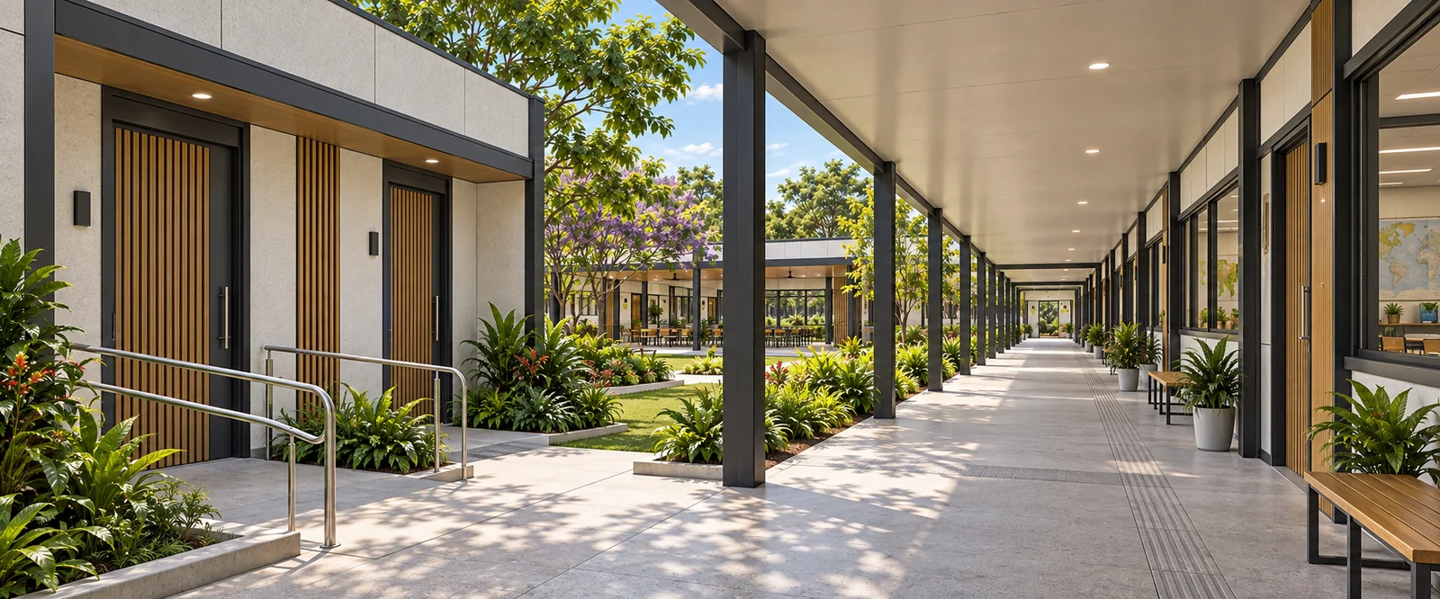 Circulação coberta da Escola Modular entre os blocos de apoio e as salas de aula, voltada ao pátio.