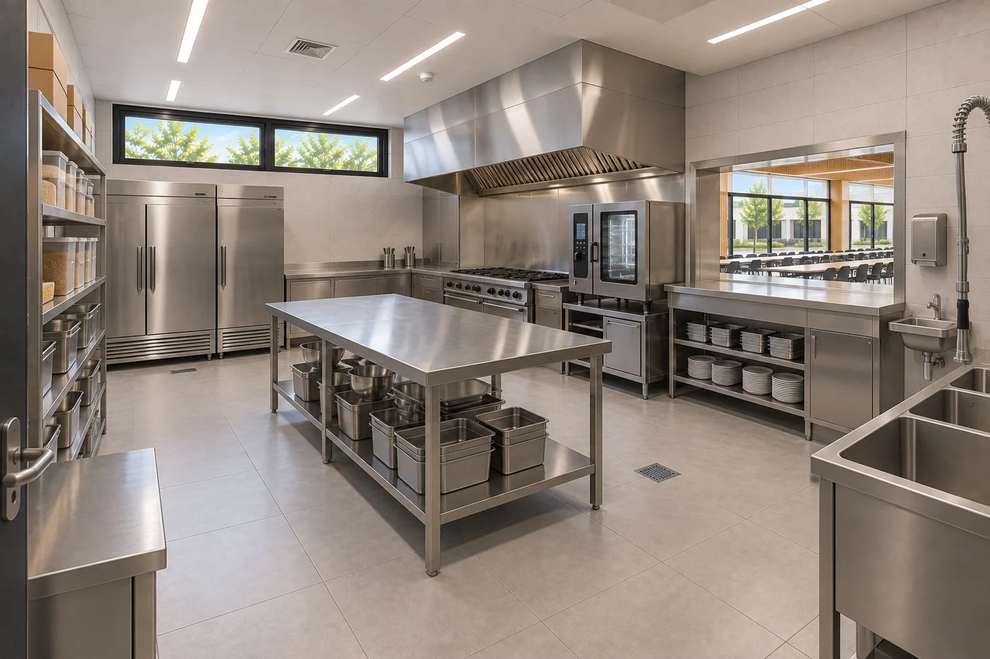 Cozinha institucional de 6 por 6 metros da Escola Modular, em aço inox, com áreas de preparo, cocção e lavagem.