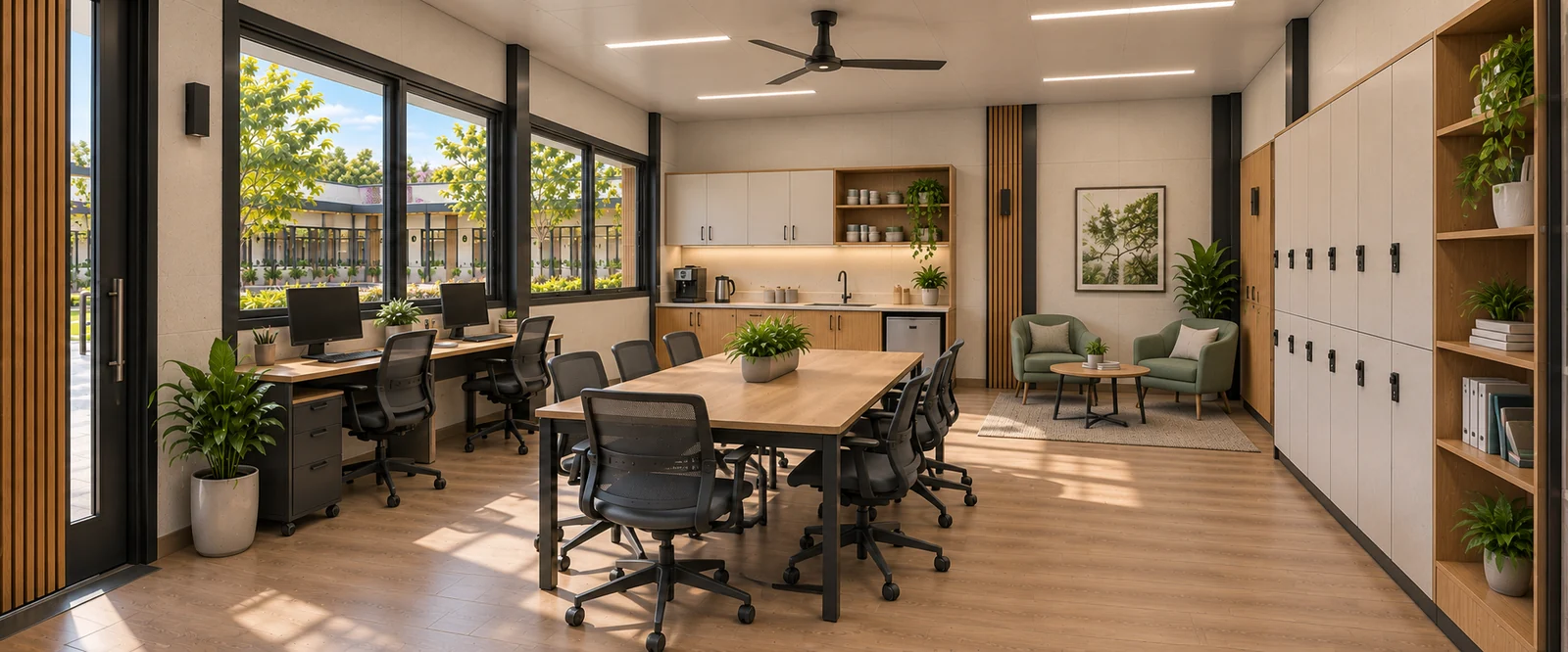 Sala dos professores da Escola Modular, com mesa de trabalho coletivo, armários e copa de apoio.