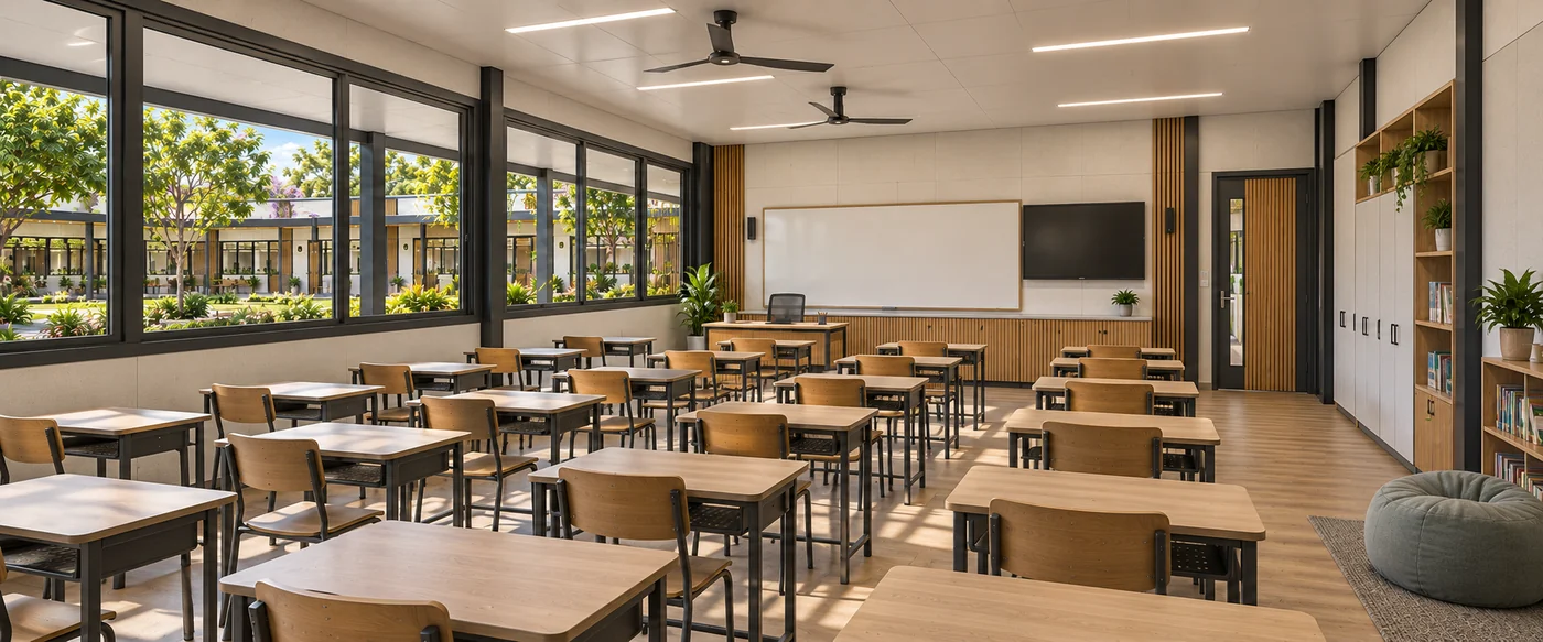 Sala de aula ampliada da Escola Modular, com carteiras individuais, lousa e amplas janelas para o pátio.