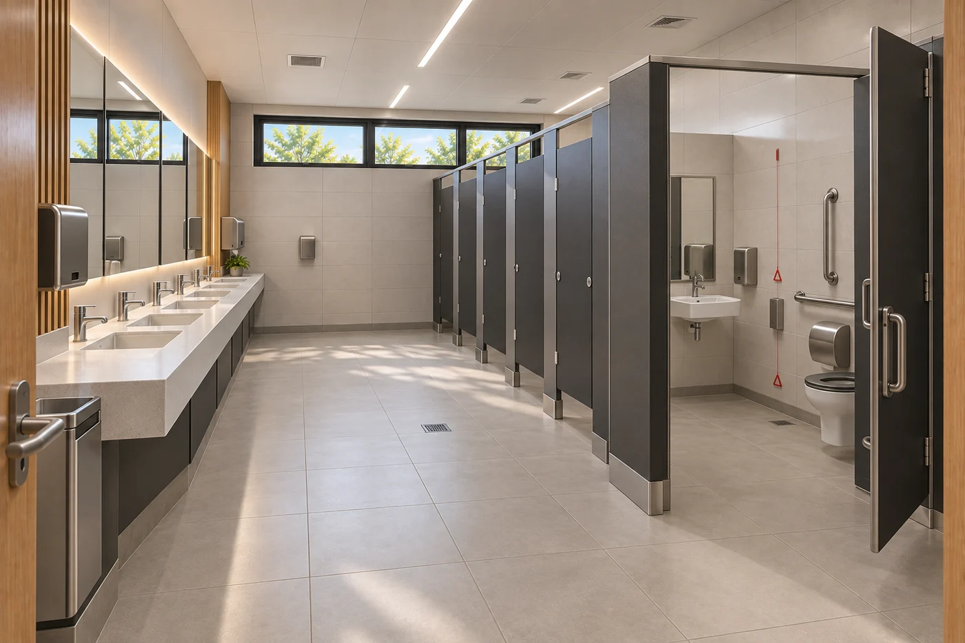 Bloco de sanitários coletivos da Escola Modular, com lavatórios, cabines e unidade acessível PNE.