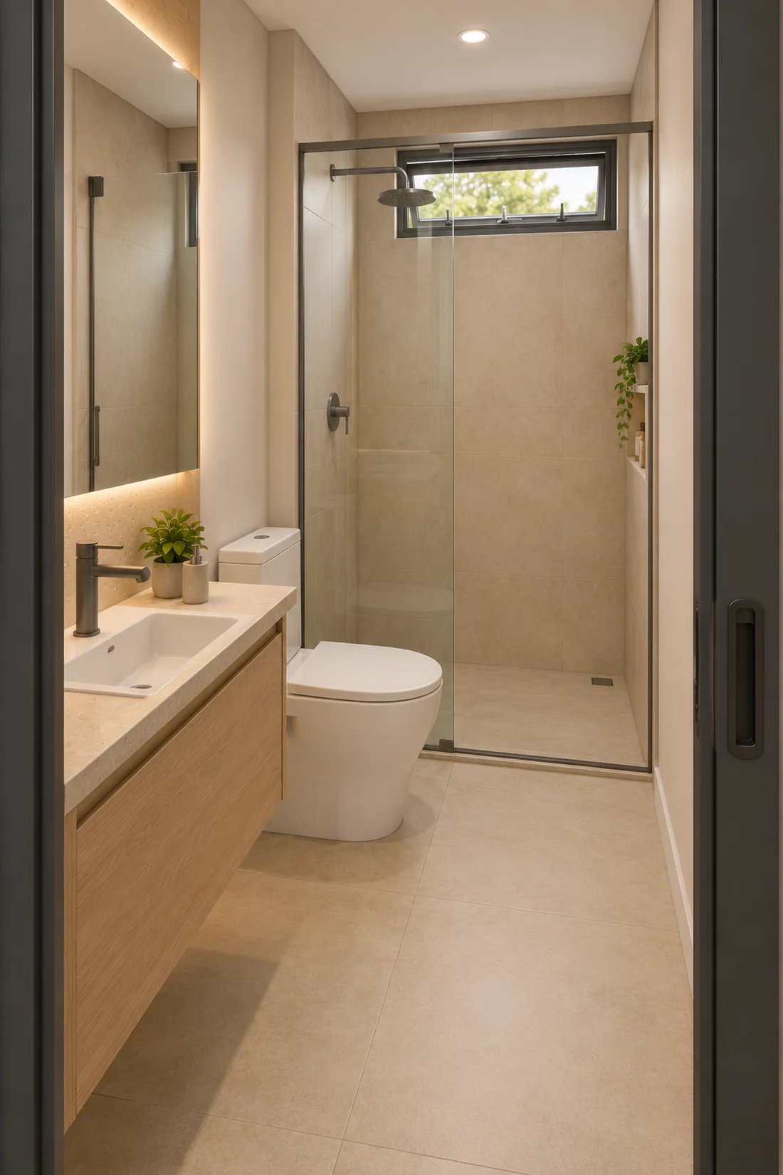 Banheiro privativo compacto do studio M63-HOS-2P com bancada, vaso e box.