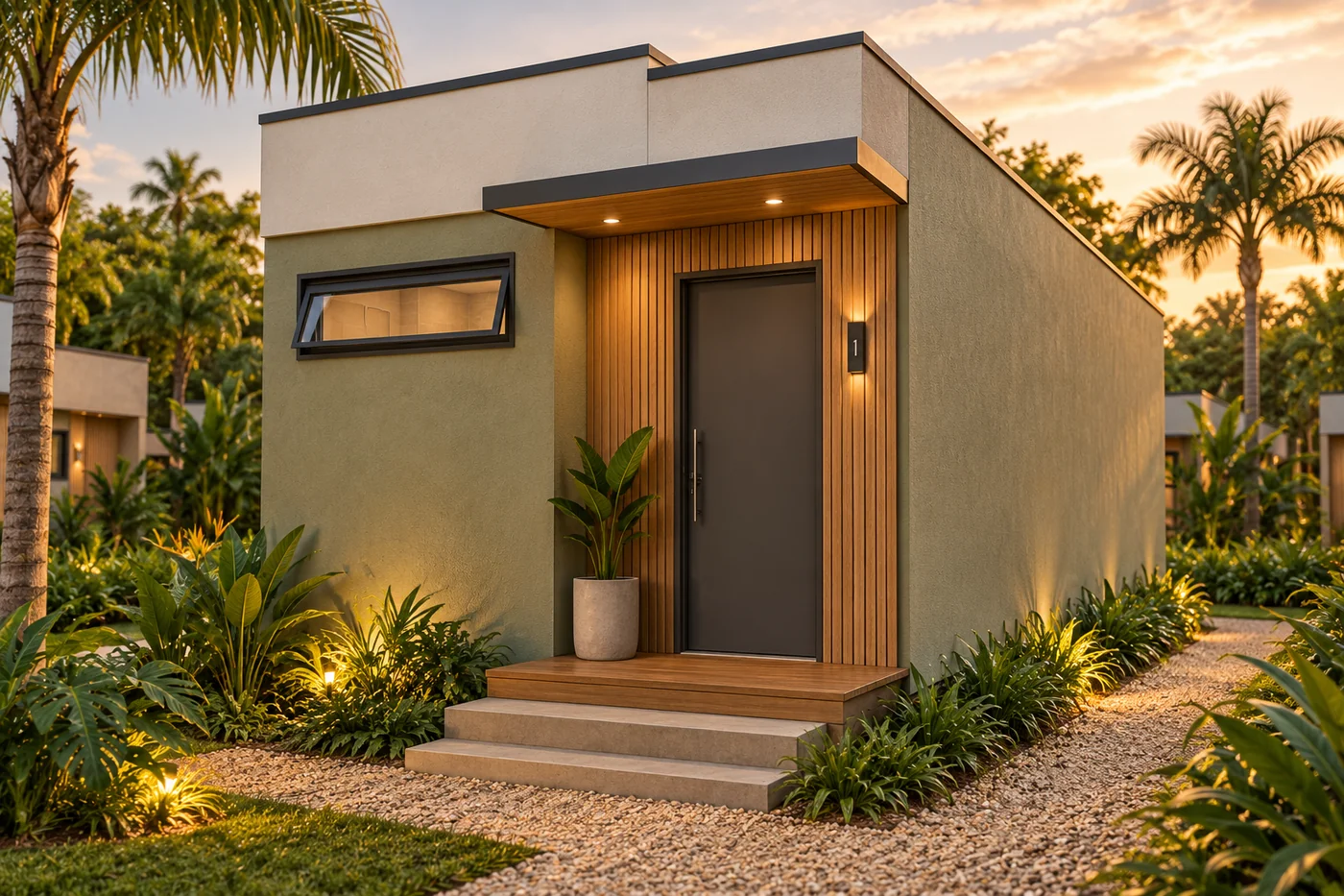 Fachada frontal do studio modular M63-HOS-2P com portal em madeira ripada, acabamento verde-sálvia e platibanda.