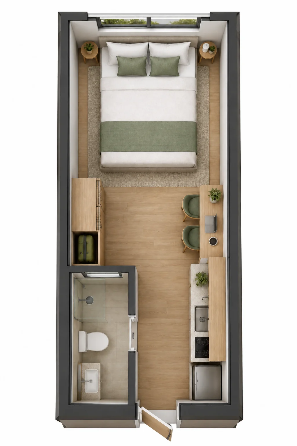 Planta humanizada do studio M63-HOS-2P com banheiro junto à entrada, cozinha compacta, bancada e cama queen voltada para a janela posterior.
