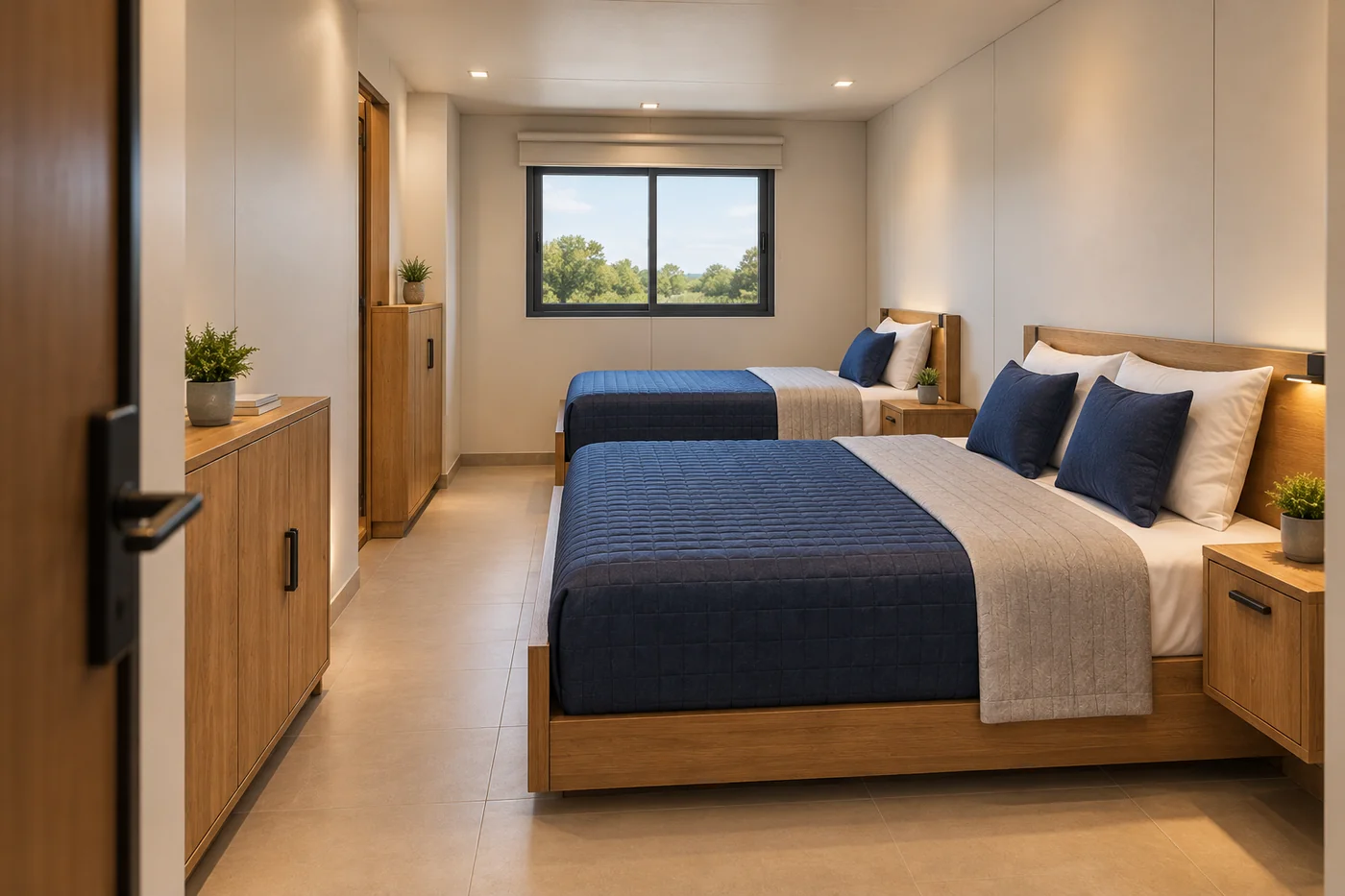 Vista da entrada para a janela posterior, com a cama de casal em primeiro plano e a cama de solteiro ao fundo.