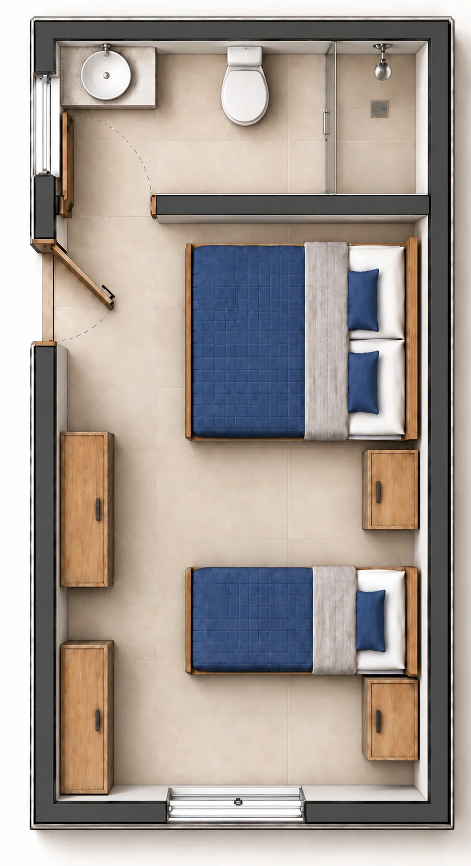 Planta humanizada ortogonal do M63-HOS-3P com banheiro na entrada, cama de casal ao centro e cama de solteiro junto à janela posterior.