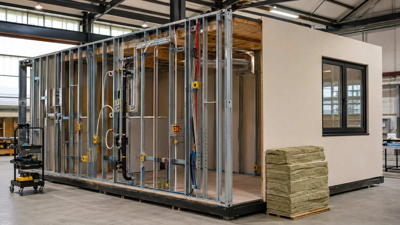 Módulo em fabricação dentro de galpão: estrutura metálica com instalações elétricas e hidráulicas já passando entre os montantes, dutos, isolamento e um painel de fechamento fixado.