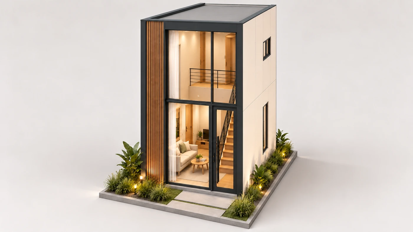 Elevação volumétrica do Loft Modular 3 × 6 m, mostrando o volume estreito, o vidro frontal e o vazio interno sobre a sala.
