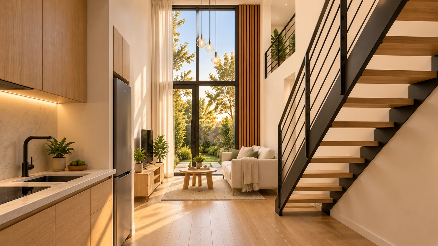 Living integrado do Loft Modular 3 × 6 m, com cozinha linear à esquerda, sala de pé-direito duplo ao fundo e escada reta junto à parede direita.