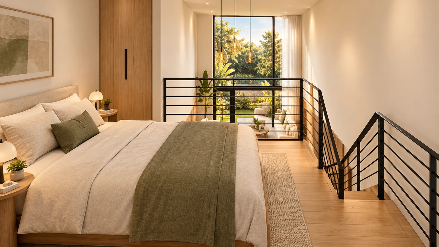 Quarto aberto no mezanino do Loft Modular 3 × 6 m, com área de dormir recuada e conectada visualmente à sala.