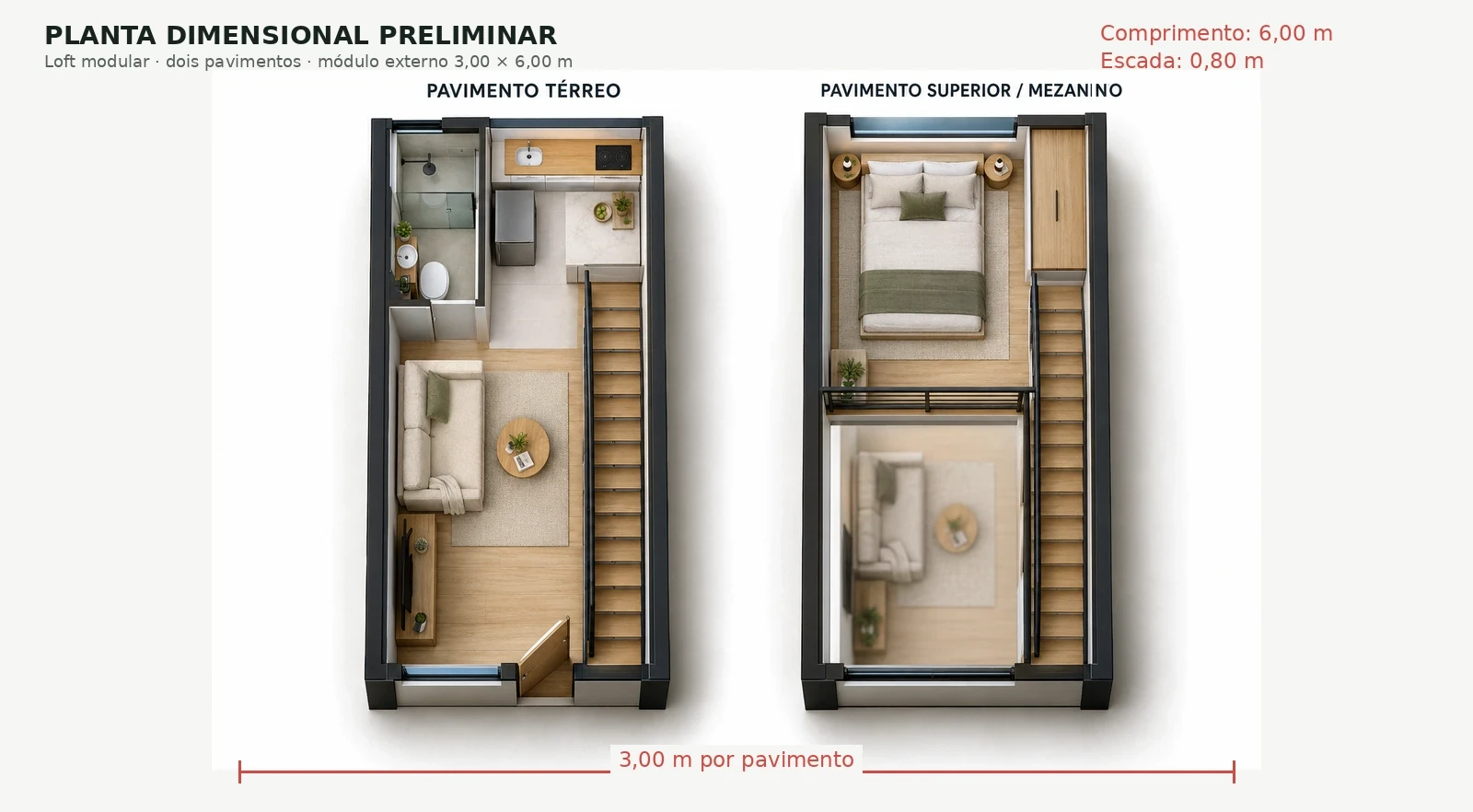 Planta dimensional preliminar do Loft Modular 3 × 6 m: pavimento térreo com living, cozinha e banheiro ao fundo, e pavimento superior com o quarto no mezanino.