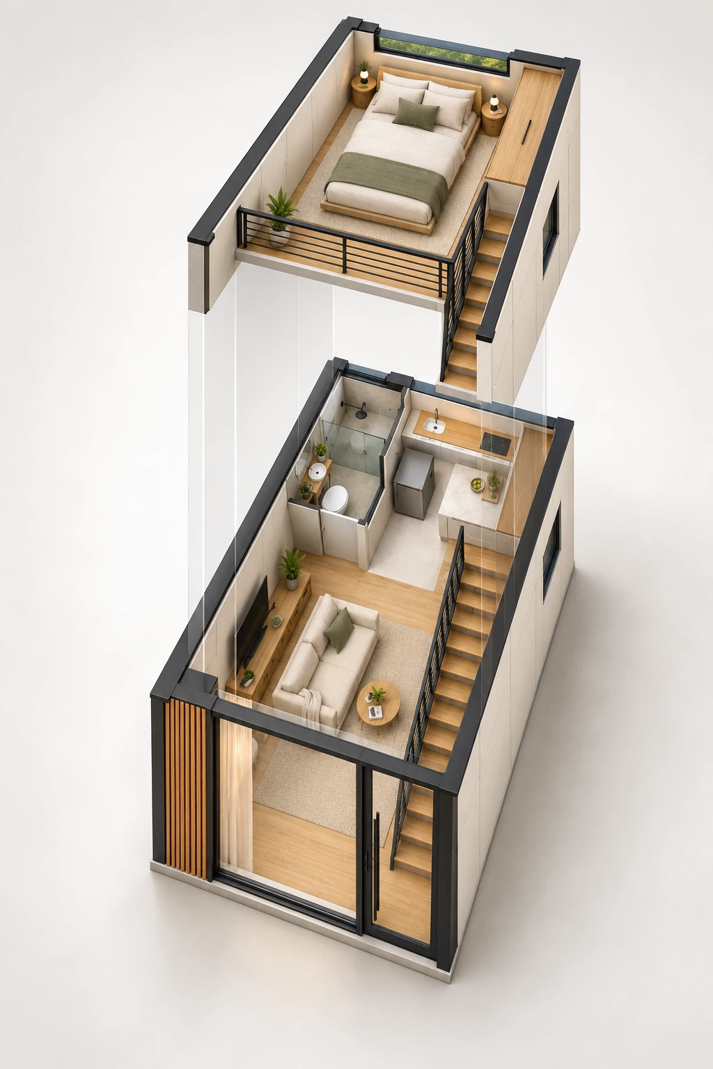 Sobreposição dos dois pavimentos do Loft Modular 3 × 6 m, mostrando o mezanino na metade posterior e o vazio preservado sobre a sala.