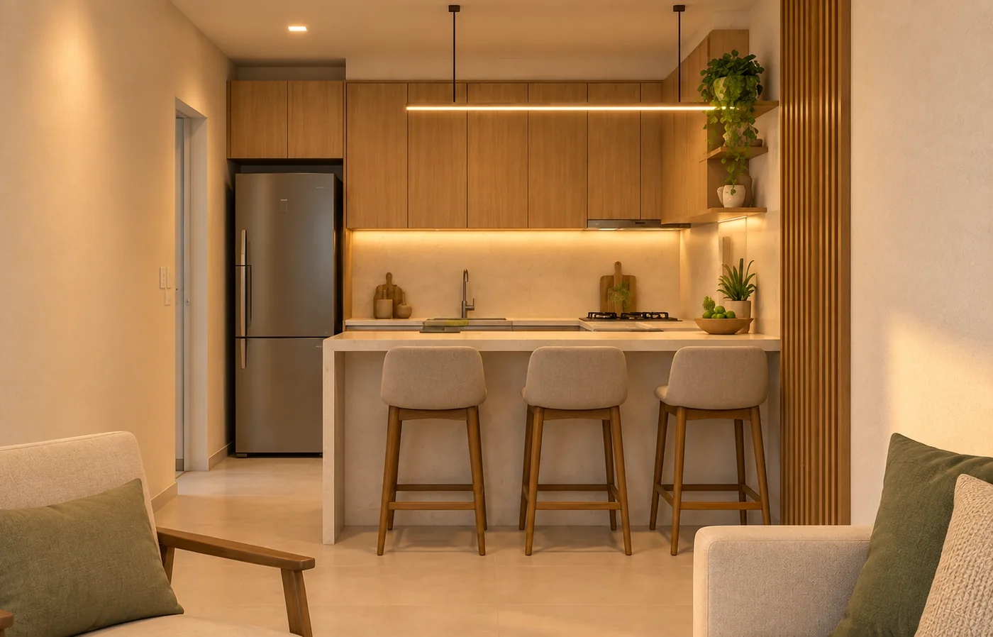 Cozinha linear da Casa M69 2Q com bancada de apoio e refeições, marcenaria e cooktop.