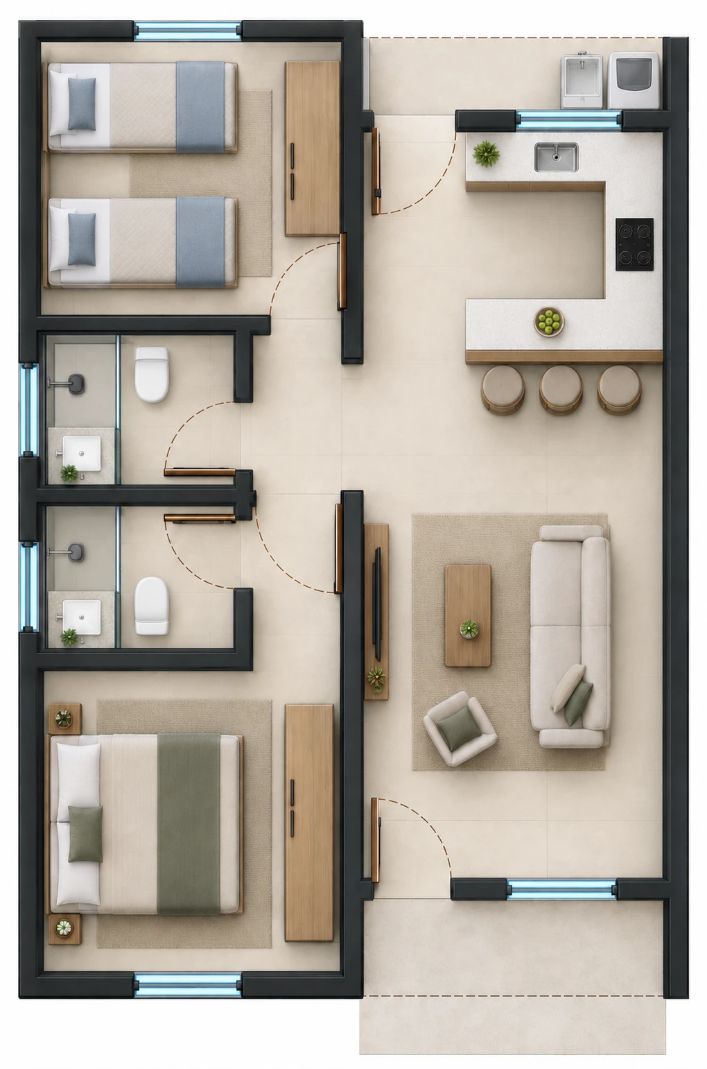 Planta humanizada da Casa M69 2Q vista de cima, com distribuição de ambientes e mobiliário em malha de 6,00 × 9,00 m.