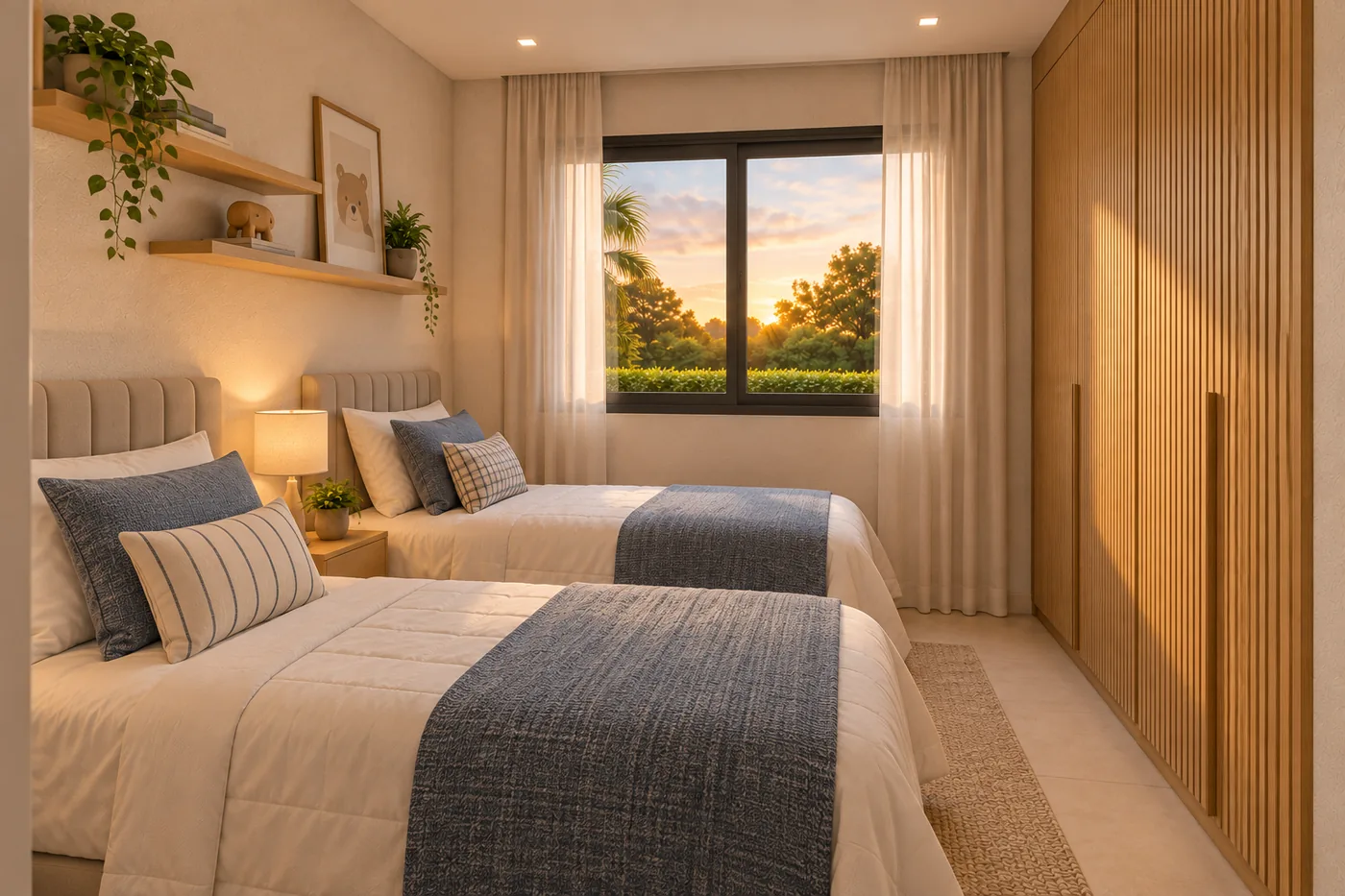 Quarto secundário da Casa M69 2Q com duas camas individuais e armário planejado.